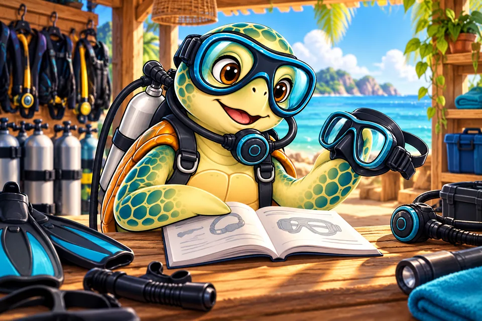 Our turtle mascot checking an equipment manual at a seaside workshop.