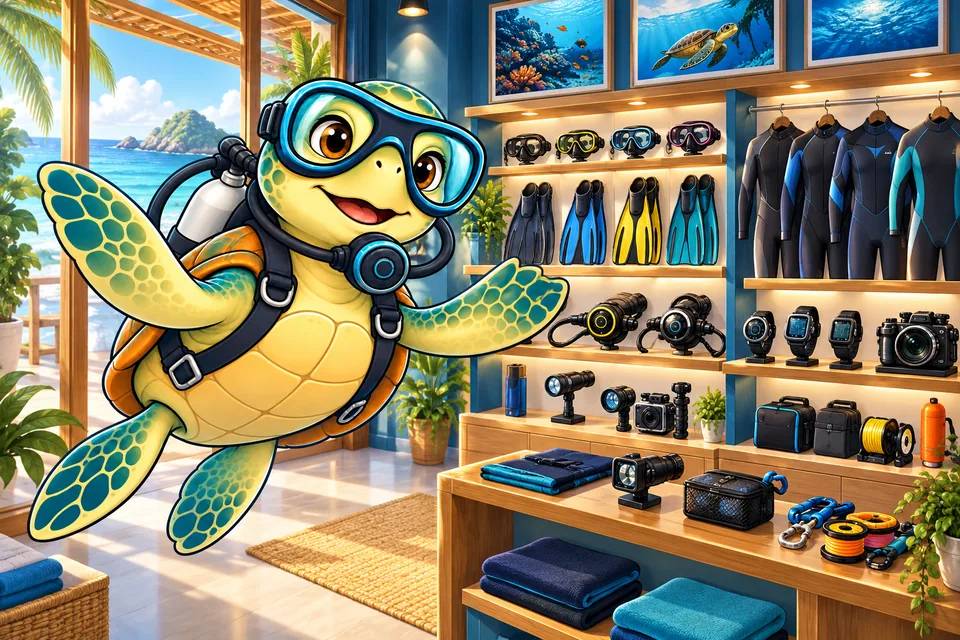 Our turtle mascot welcomes you to a sunlit dive equipment showroom with masks, fins and equipment displays.