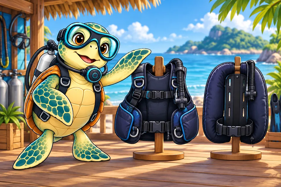 Our turtle mascot beside buoyancy vest and wing displays.