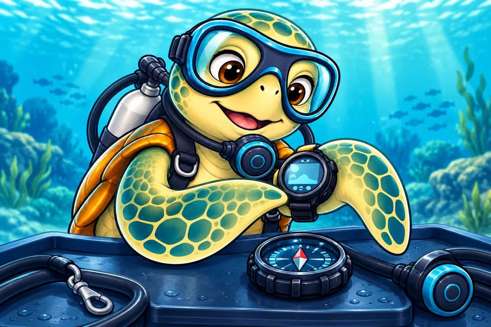 Our turtle mascot examining a dive computer and compass.