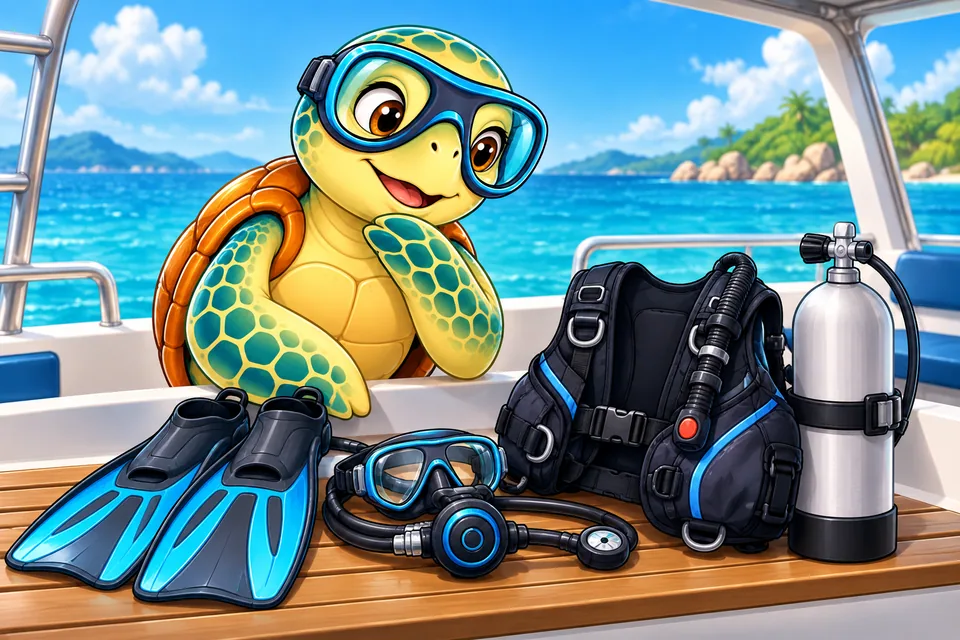 Our turtle mascot looking over a complete equipment set.
