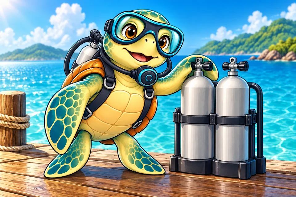 Our turtle mascot beside scuba cylinders secured in a dockside rack.