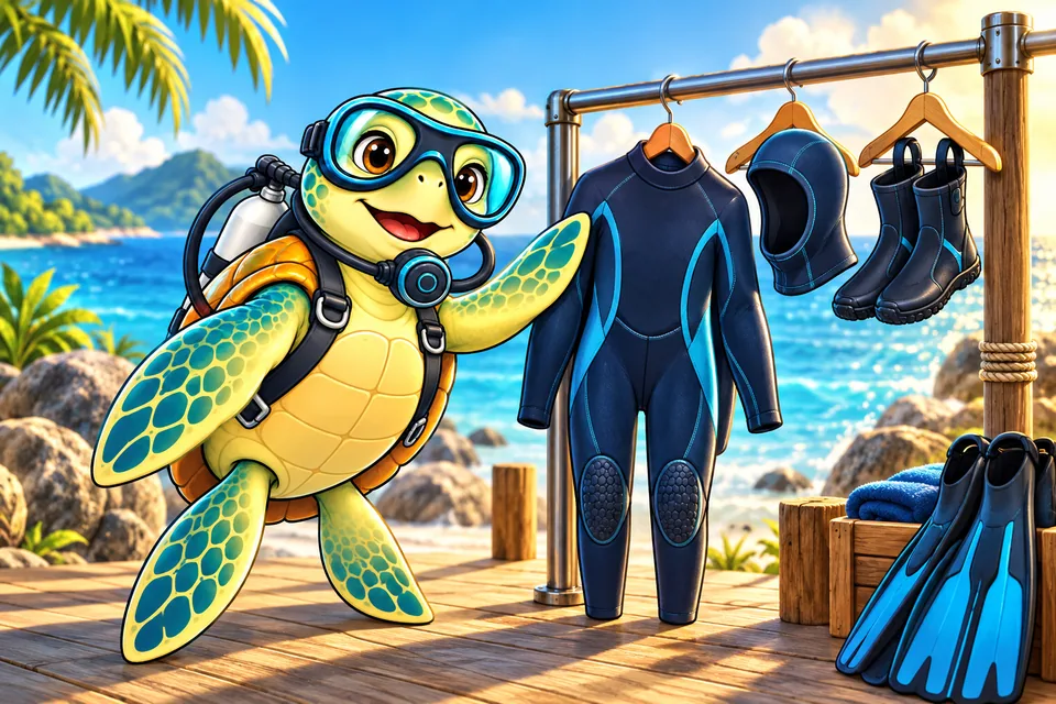 Our turtle mascot exploring exposure suits, hoods and boots.