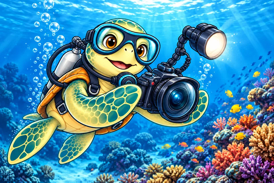 Our turtle mascot holding an underwater camera beside a reef.