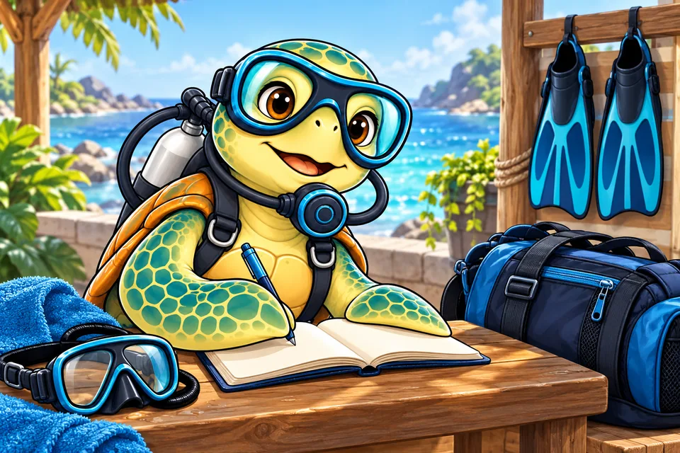 Our turtle mascot maintaining an equipment log beside a gear bag.