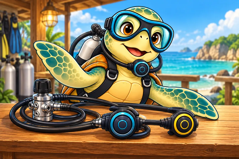 Our turtle mascot presenting a regulator set at a seaside bench.