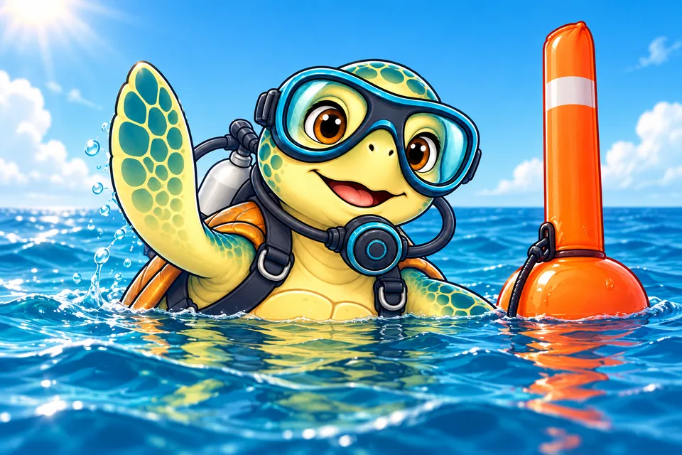 Our turtle mascot at the surface beside a bright marker buoy.