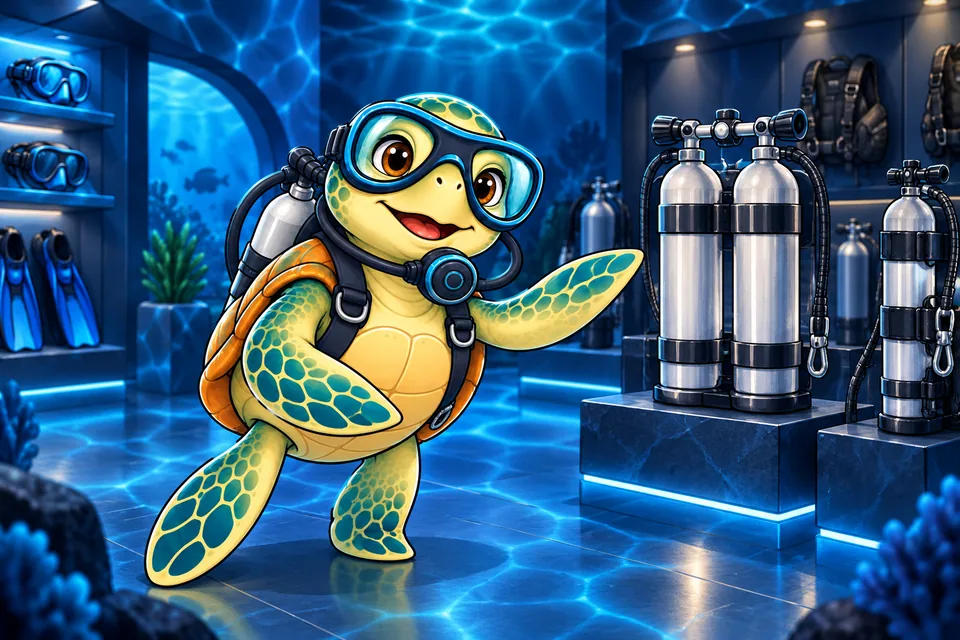 Our turtle mascot visiting a specialist equipment showroom.
