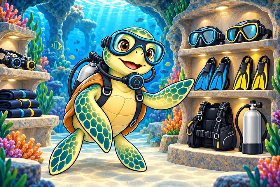 Our turtle mascot welcoming readers to an organised equipment gallery.