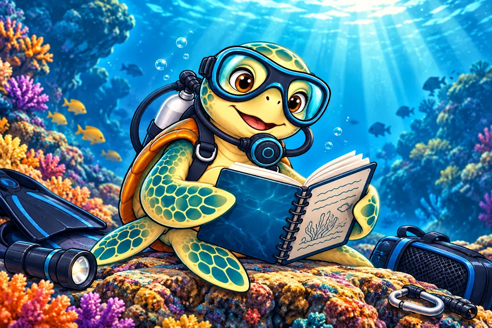 Our turtle mascot reading a field notebook on a sunlit reef.