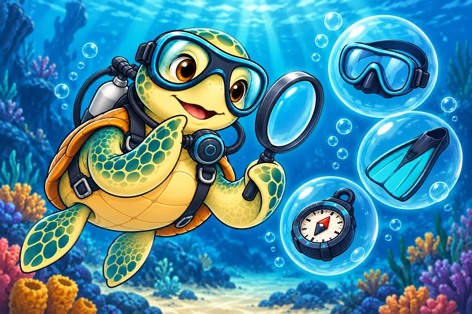 Our turtle mascot examining equipment with a magnifying glass.