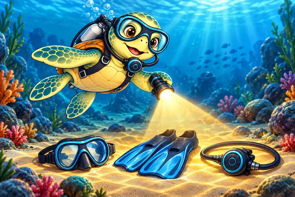 Our turtle mascot finding equipment with a broad torch beam.